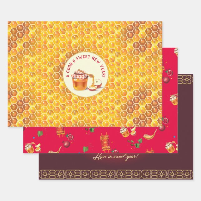 Happy Rosh Hashanah Jewish New Year Honey & Apple Wrapping Paper Sheet (Set)