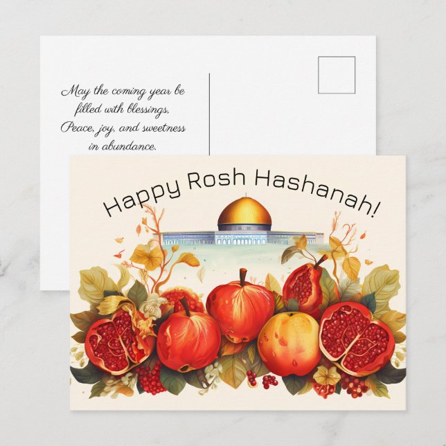 Happy Rosh Hashanah with Dome of Rock & apple Postcard (Front/Back)