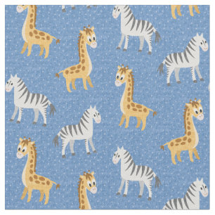 Happy Safari Zebras and Giraffes Baby Blue Fabric