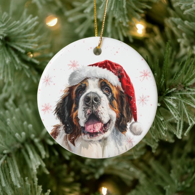 Happy Saint Bernard Dog Christmas Personalized Ceramic Ornament (Tree)