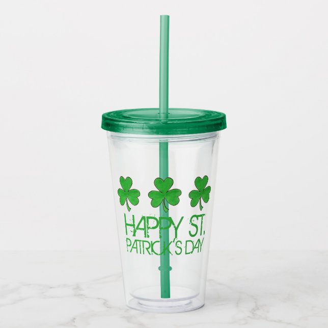 Happy Saint Patrick's Day Green Shamrock Clovers Acrylic Tumbler (Front)