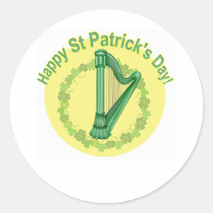 Happy Saint Patrick's Day Harp and Wreath Classic Round Sticker