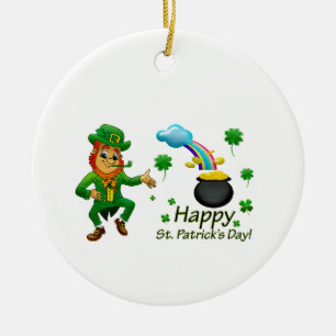 Happy Saint Patrick's Day Leprechaun Rainbow  Ceramic Ornament