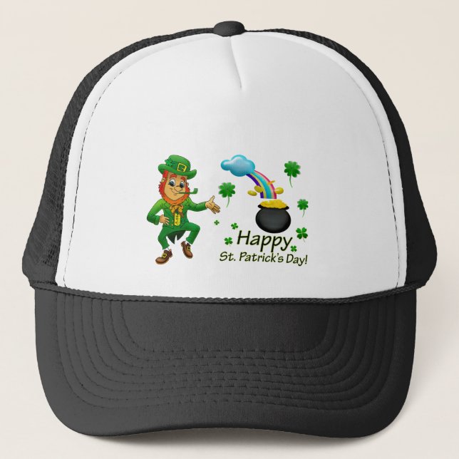 Happy Saint Patrick's Day Leprechaun Rainbow  Trucker Hat (Front)