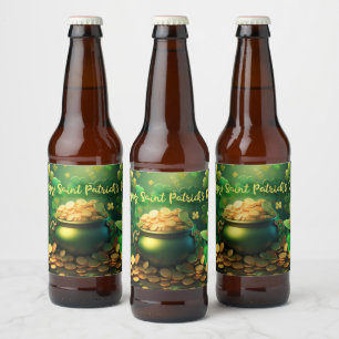 Happy Saint Patrick's Day Pot of Gold Coins Beer Bottle Label
