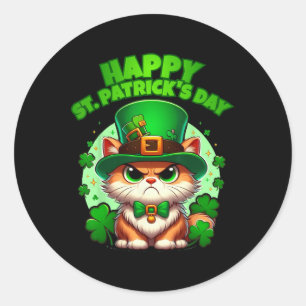 Happy Saint Patricks Day Shamrock Cat With Hat Classic Round Sticker