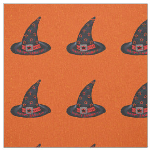 Happy Samhain Black Witch Hat Silver Buckle Orange Fabric