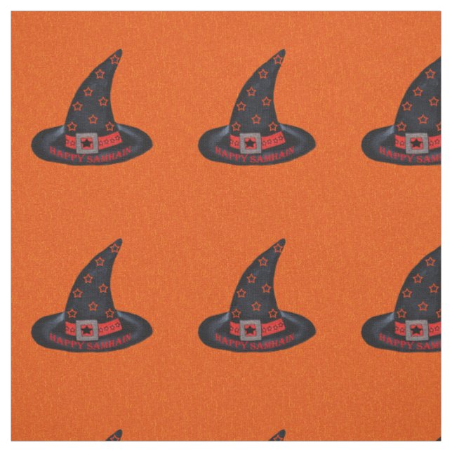 Happy Samhain Black Witch Hat Silver Buckle Orange Fabric (Swatch)