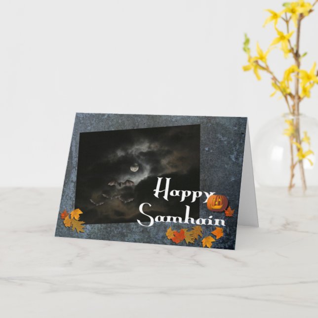 Happy Samhain-Full Moon/Fall Leaves Card (Yellow Flower)