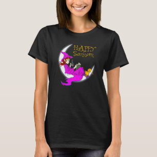 Happy Samhain Purple Witch Books Coffee Cats Moon T-Shirt