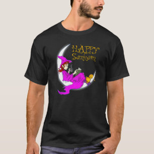 Happy Samhain Purple Witch Books Coffee Cats Moon T-Shirt