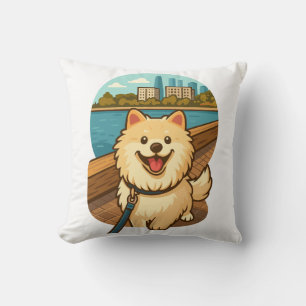 Happy Samoyed Walk by the City Waterfront Throw Pillow