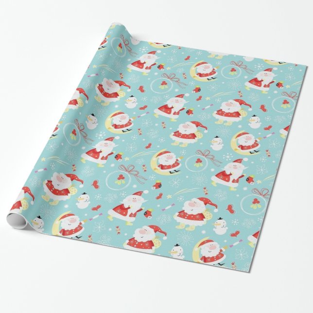 Happy Santa And Frosty Wrapping Paper (Unrolled)