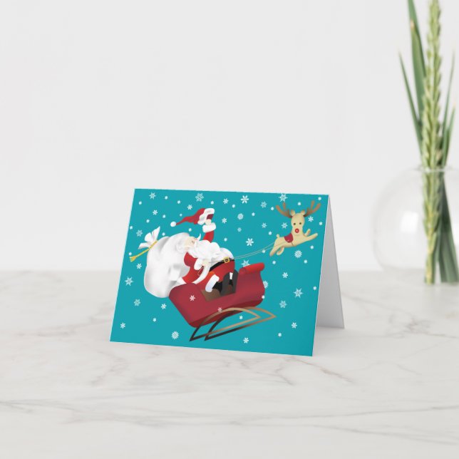 Happy Santa and Reindeer Christmas Greeting Card (Front)