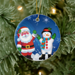 Happy Santa Claus and Snowman Ceramic Ornament