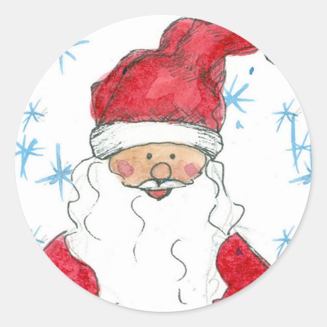 Happy Santa Claus Christmas Holiday Snowflakes Classic Round Sticker (Front)