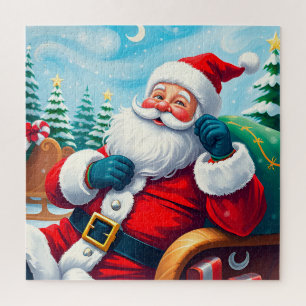 Happy Santa Claus Relaxing in Festive Sleigh Jigsaw Puzzle