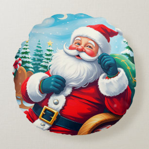 Happy Santa Claus Relaxing in Festive Sleigh Round Pillow
