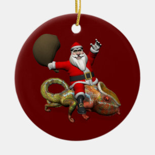 Happy Santa Claus Riding On Colourful Chameleon Ceramic Ornament