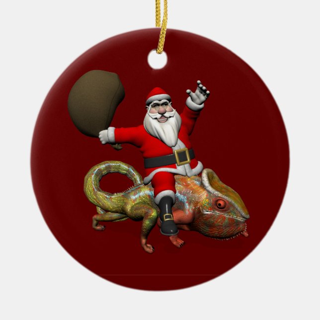 Happy Santa Claus Riding On Colourful Chameleon Ceramic Ornament (Front)