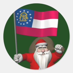 Happy Santa Claus With Flag Of Georgia Classic Round Sticker