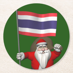 Happy Santa Claus With Flag Of Thailand Round Paper Coaster