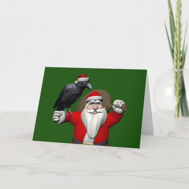 Happy Santa Claus With Huge Raven Holiday Card (Front)