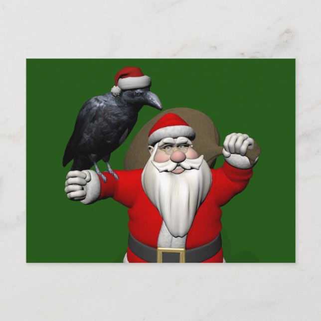 Happy Santa Claus With Huge Raven Holiday Postcard (Front)