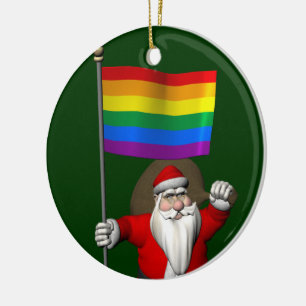 Happy Santa Claus With Rainbow Flag Ceramic Ornament