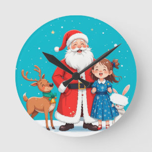 Happy Santa Claus With snow maiden Round Clock