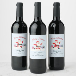 Happy Santa, light blue Christmas Wine Label