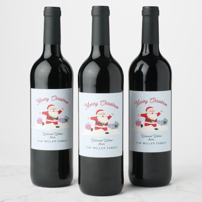Happy Santa, light blue Christmas Wine Label (Bottles)