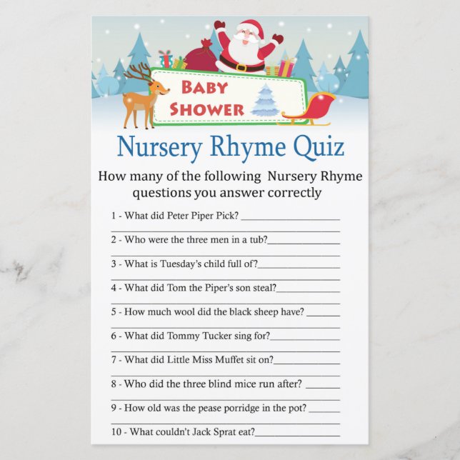 happy santa Nursery Rhyme Quiz baby shower game (Front)