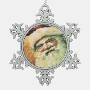 Happy Santa Vintage Christmas Snowflake Pewter Christmas Ornament