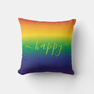 Happy Saying Rainbow Colourful Stripes Throw Pillo Pillow