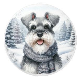 Happy Schnauzer in a Scarf Winter Art Ceramic Knob