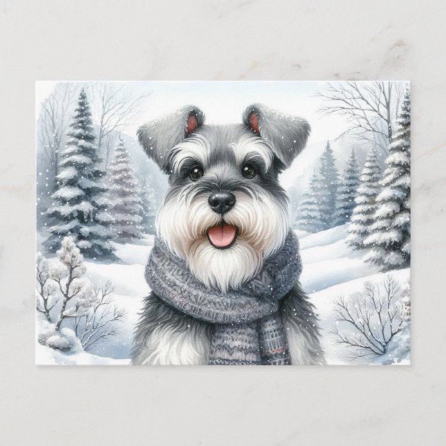 Happy Schnauzer in a Scarf Winter Art Postcard (Front)