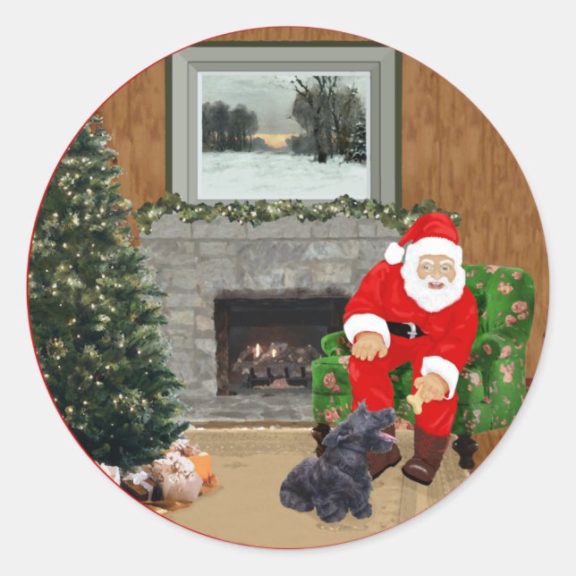 Happy Scottish Terrier & Santa Classic Round Sticker (Front)