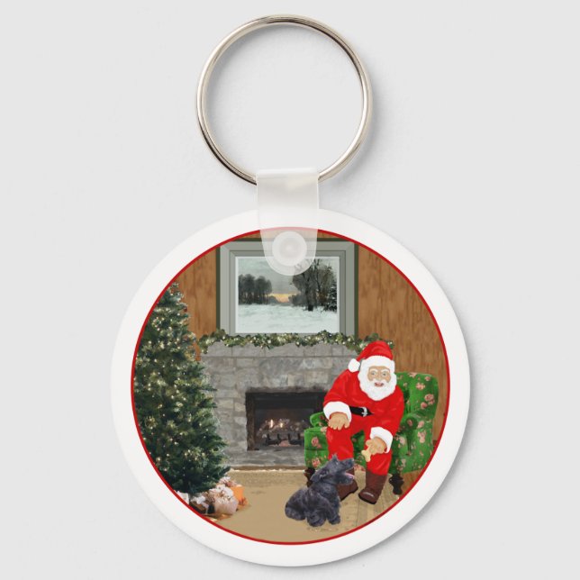 Happy Scottish Terrier & Santa Keychain (Front)