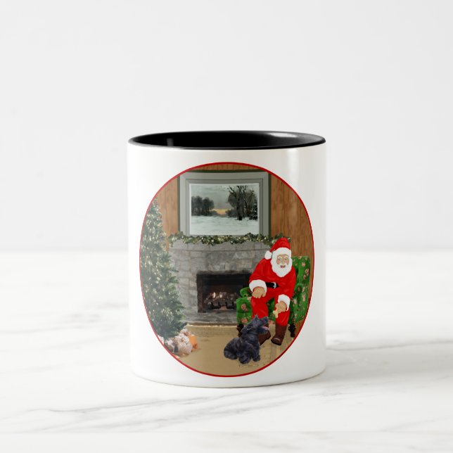 Happy Scottish Terrier & Santa Two-Tone Coffee Mug (Center)