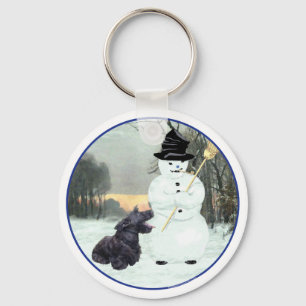 Happy Scottish Terrier & Snowman Keychain