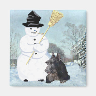 Happy Scottish Terrier & Snowman Magnet