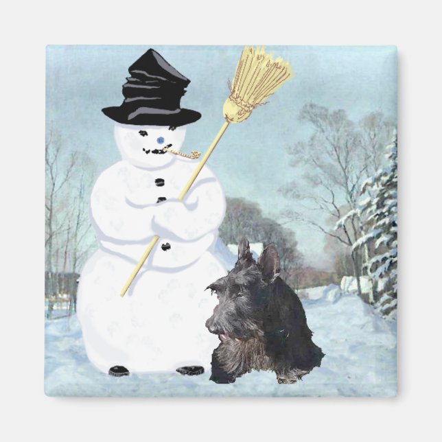 Happy Scottish Terrier & Snowman Magnet (Front)