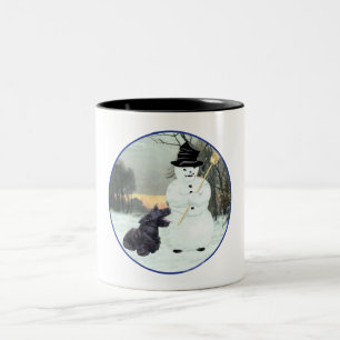 Happy Scottish Terrier & Snowman Two-Tone Coffee Mug