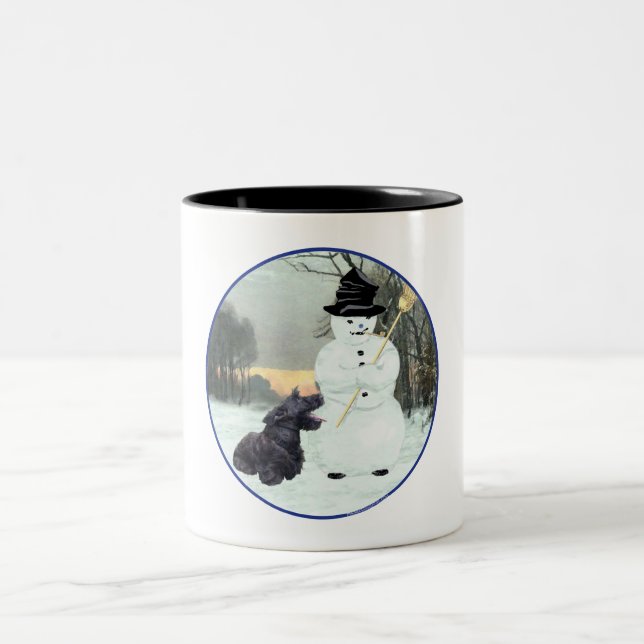 Happy Scottish Terrier & Snowman Two-Tone Coffee Mug (Center)
