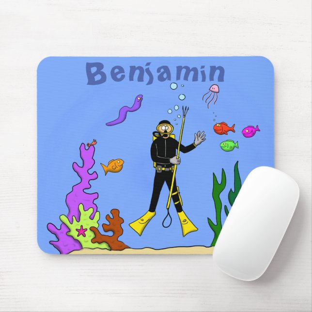 Happy scuba diver and fish cartoon mouse pad (With Mouse)