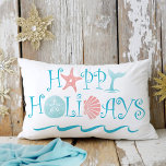 Happy Seashore Beach Seashell Typography Christmas Accent Pillow<br><div class="desc">Tropical beach theme Christmas pillow features whimsical "Happy Holidays" seashell,  whale tail and ocean waves typography with a nautical pattern on the reverse side in white,  turquoise and coral. Perfect for coastal themes and locales. Original artwork KL Stock.</div>