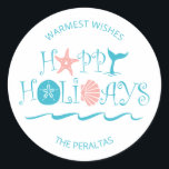 Happy Seashore | Beach Seashells Christmas Classic Round Sticker<br><div class="desc">Tropical beach theme Christmas envelope seals (or gift stickers) feature whimsical "Happy Holidays" seashell,  whale tail and ocean waves typography in white,  turquoise and coral. Perfect way to add some coastal style to your holiday cards or gifts. Original artwork KL Stock.</div>