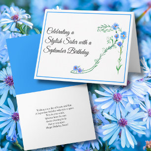 Happy September Birthday Siste Blue Asters Flower  Card