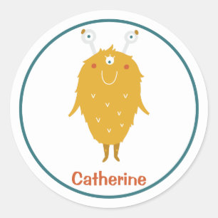 Happy shaggy furry orange monster three eyeballs classic round sticker